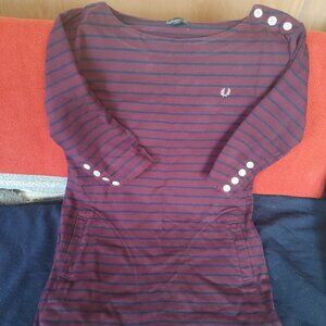 Fred Perry Tunic Dress Stripes Boat Neck Sz 8 burgundy & navy gold logo